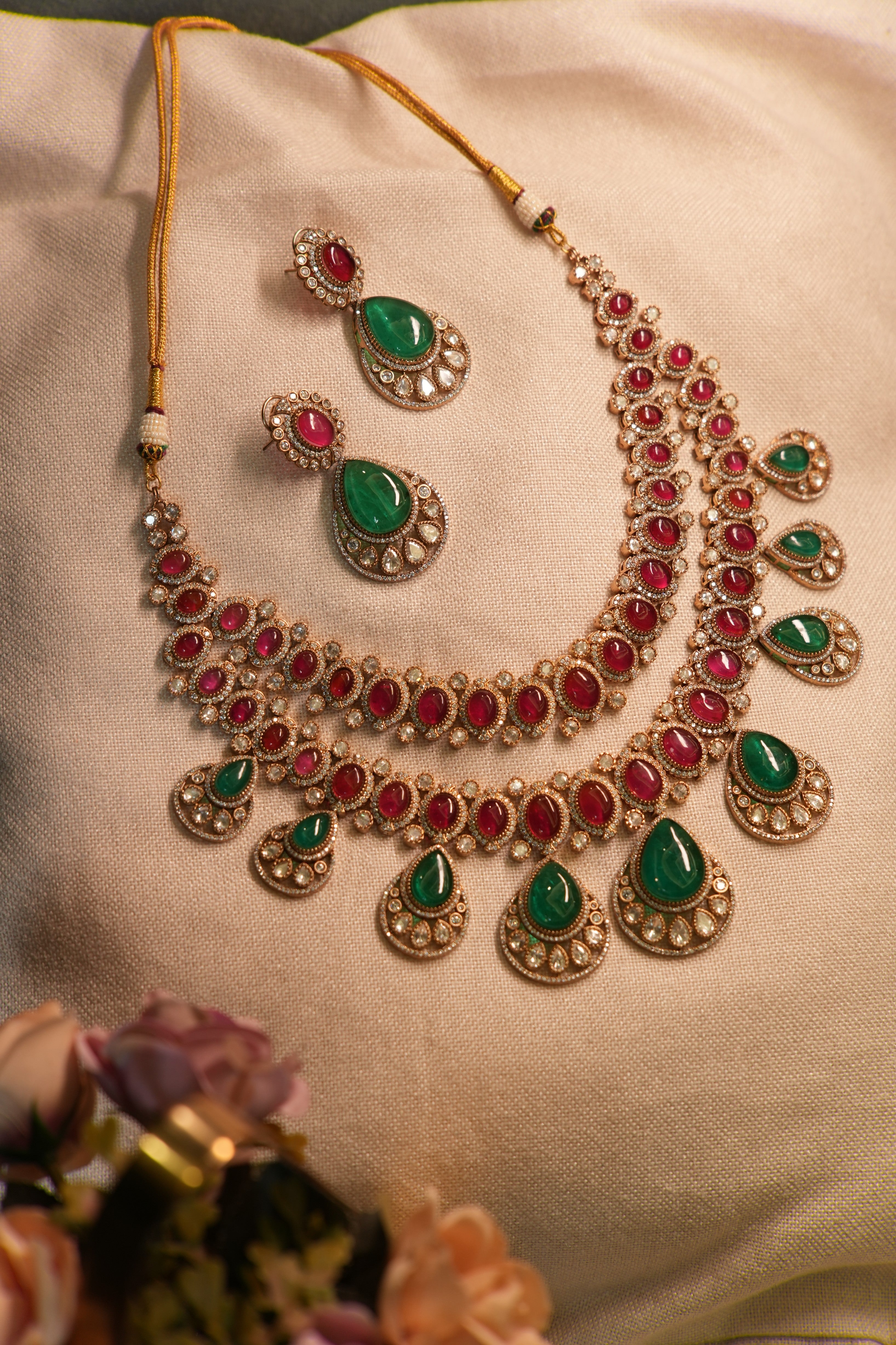 2 Layer Ruby with Emerald Drops Kundan Polki Statement Necklace Set – Necklace &amp; Earrings