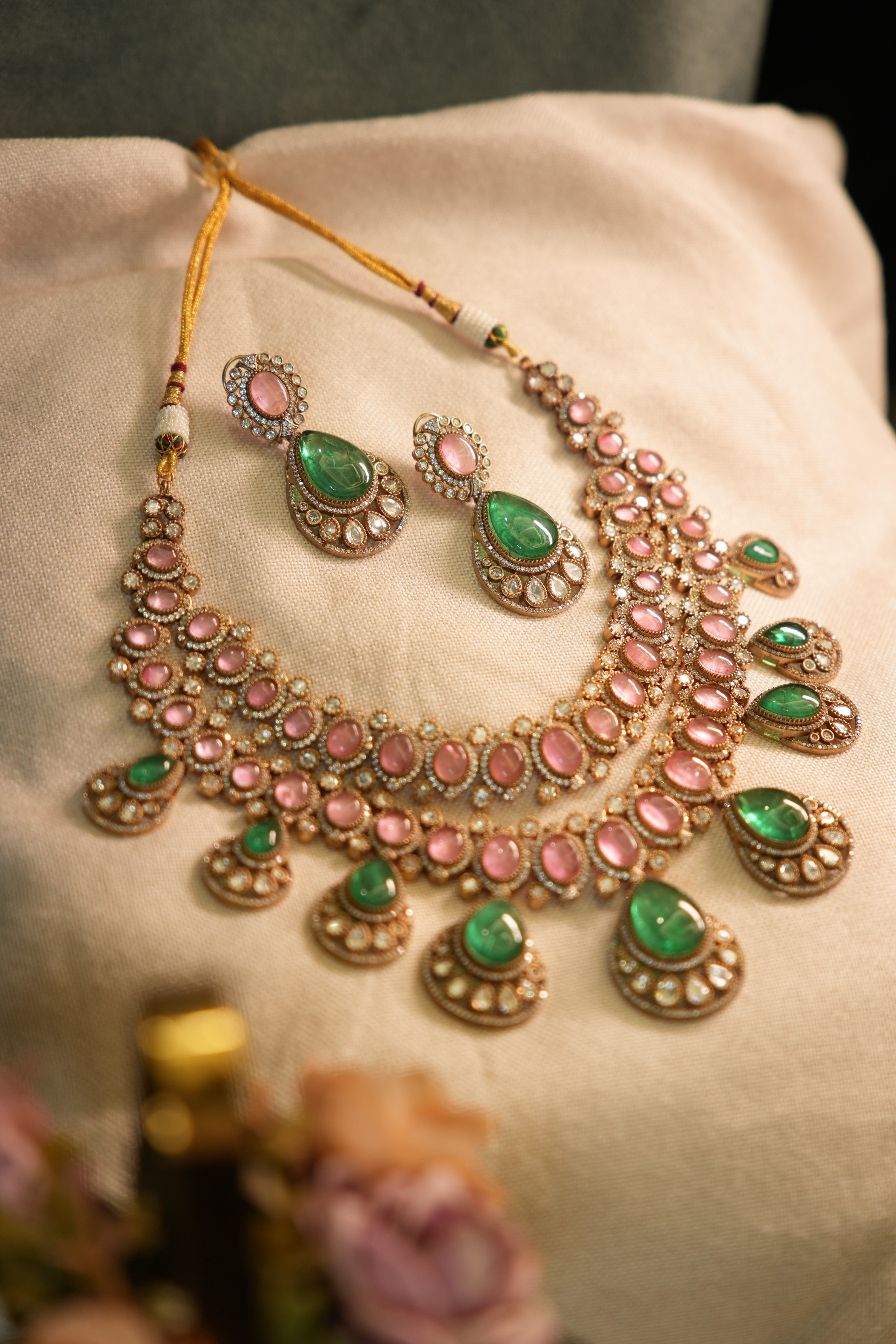 2 Layer Ruby with Emerald Drops Kundan Polki Statement Necklace Set – Necklace &amp; Earrings